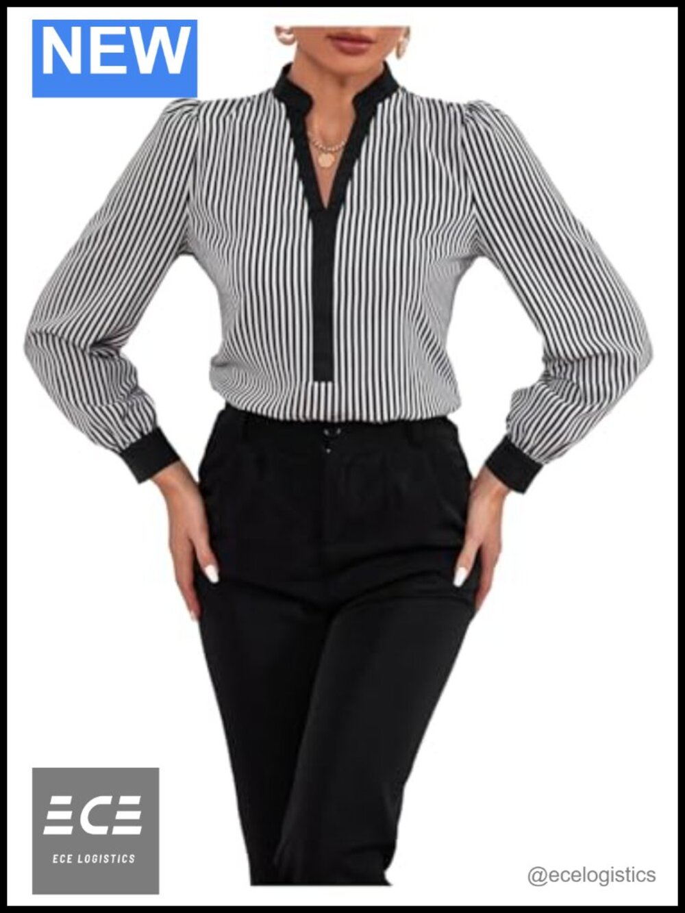 Striped Notched V Neck Long Sleeve Blouse for Work Business Dressy Top